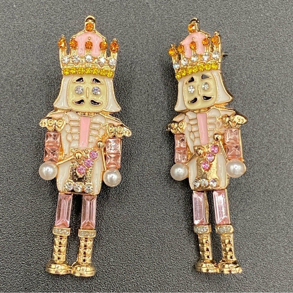 Nutcracker Sparkly Rhinestone Pink Christmas Holiday Earrings pierced